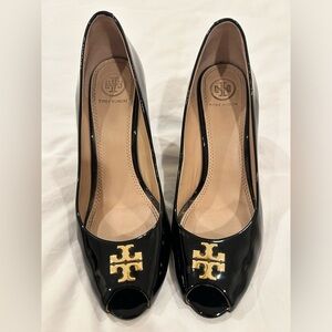 Tory Burch Jade Peep Toe Patent Leather Wedges